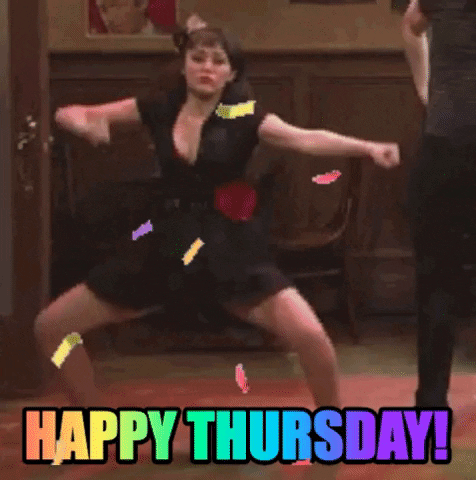 Celebrity gif. Miley Cyrus dances energetically by fist and hip pumping, and the video is sped up to emphasize her excitement. Text, "Happy Thursday!"