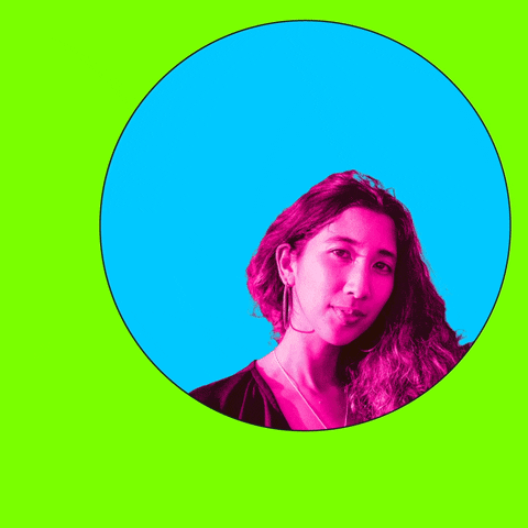 Text gif. Photo of Kristy Drutman slides into the frame inside a blue circle against a lime-green background. Text, “We need to bring the climate conversation to our dinner tables, to our social media, and to our schools. Krusty Drutman, Brown Girl Green Podcast.”