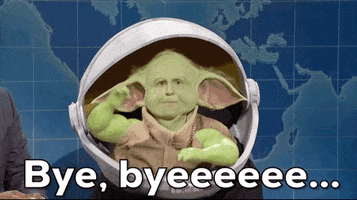 SNL gif. Kyle Mooney as baby Yoda. He sits inside a cradle and has massive arms. He swings his arms rapidly, showing off his muscles.