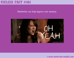 Movie gif. Emma Stone as Olive in Easy A enthusiastically shakes her head as she speaks to someone. Text, "Oh yeah." Text outside of the movie clip reads, "Useless fact 404 Blueberries can help improve your memory."