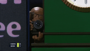 Video gif. Man peeks out from behind a scoreboard and banner, taking a picture with a camera like he's paparazzi.