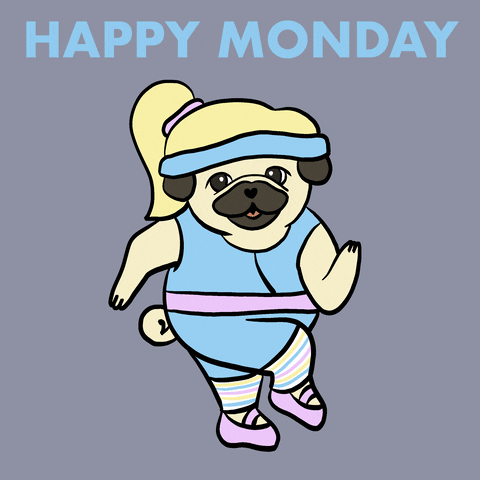 Illustrated gif. A pug with a blond ponytail wears pastel workout gear as she twists from side to side. Text, "Happy Monday."