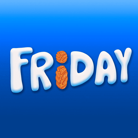Text gif. The word "Friday" in gyrating bubble letters on a blue background, excepting the I, which is replaced with two loaves of challah.