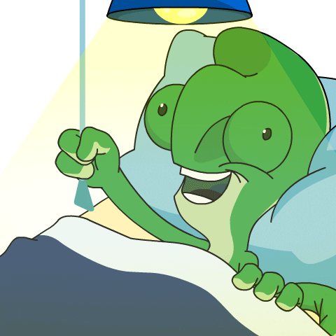 Cartoon gif. A cartoon chameleon reaches up to turn off the light from bed. As the light goes out, the word "goodnight" and a string of zs appear in the dark.