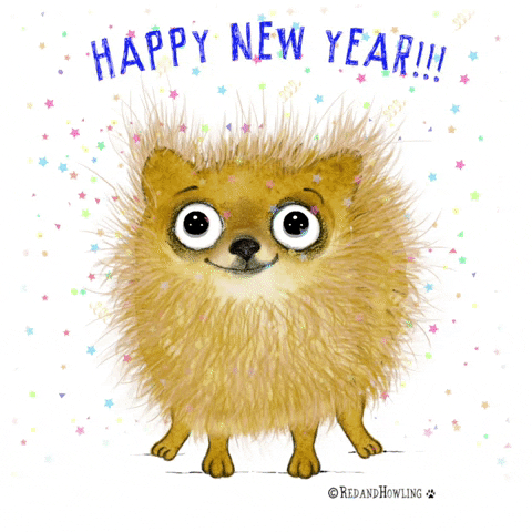 Illustrated gif. Fuzzy chihuahua shaped like a puffball with big round eyes and tongue sticking out of its mouth. The text “Happy New Year” appears above its head as its little paws tap in excitement. The text disappears and a party hat is plopped on its head.