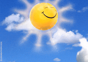 Digital illustration gif. Large fluffy cloud rolling past a bright smiling sun that does a somersault through the cloud. 