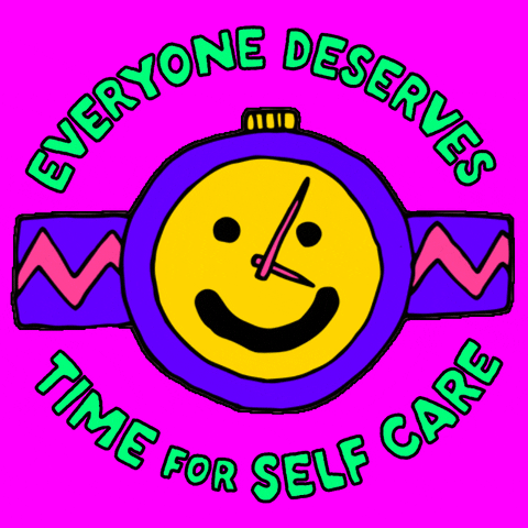 Illustrated gif. Yellow smiley face fills the face of a watch as the hands spin in a clockwise direction against a pink-purple background. Text, "Everyone deserves time for self care."