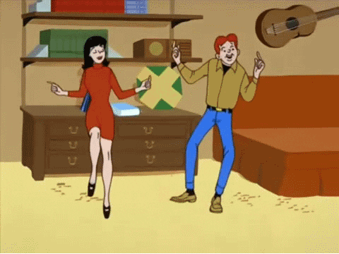 An animated GIF from the Archie Comics cartoon. Veronica (rich, white, beautiful teenager) and Archie (poor, white, attractive teenager) are dancing in his bedroom