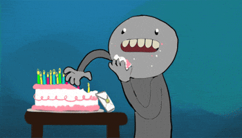 Illustrated gif. Gray cartoony guy chows down on birthday cake with his hands, then pauses to open a card, which holds a note reading "You're old!" Then he takes another handful of cake.