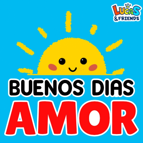 Illustrated gif. A smiling yellow sun with rosy cheeks rises over a blue sky, and the sunrays circulate around it. Text, "Buenos dias amor."