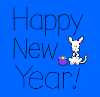 Cartoon gif. Chippy the Dog scoops up neon colored confetti from a purple bowl and tosses it in the air. Text, "Happy New Year!"