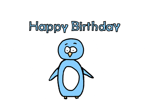 Pohyblivá animace s tučňákem vyhazujícím konfety do vzduchu s nápisem "Happy birthday".