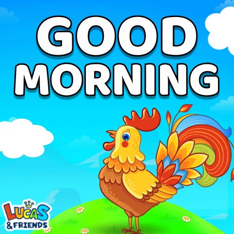 Cartoon gif. A rooster with a colorful tail from Lucas and Friends stands on a grassy hill and looks up at the sky as it crows. Music notes float out as if it's singing. Text reads, "Good morning."