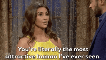 SNL gif. Kim Kardashian nods as she speaks to a man who stands in front of her. Text, "You're literally the most attractive human I've ever seen."