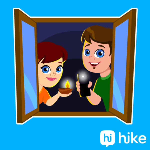 Illustrated gif. Window panes swing open as a woman and a man appear inside holding a candle and phone light.