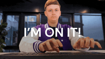 Ad gif. Man wearing a purple bomber jacket types rapidly on a keyboard. Text, "I'm on it!"