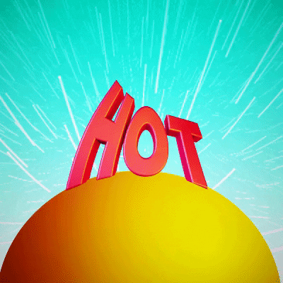 Text gif. The word "HOT" is on a yellow orb that's meant to be the sun and is rotating around and around on a blue background.