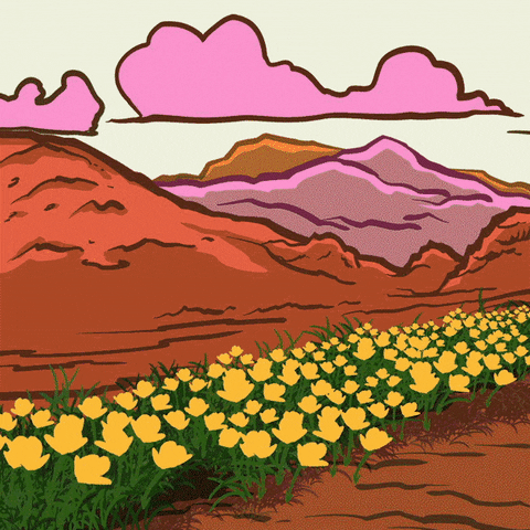 Digital art gif. Animations of black silhouetted bicyclists ride across the screen to reveal the words, "Castner Range boosts outdoor recreation for all." In the background is a field of beautiful yellow cartoon poppies amid red rocks and an orange mountain range.