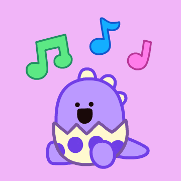 Cartoon gif. Purple Baby Dino sits up and rocks side to side, smiling, as colorful music notes dance above.