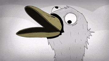 Cartoon gif. A goose that looks a little rough around the edges rolls its eyes around in its head as it rocks back and forth over an empty sky. 