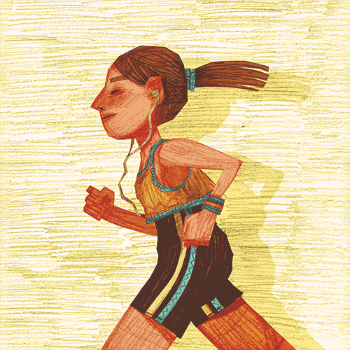 Illustrated gif. A digital illustration shows a woman wearing headphones as she jogs happily. 