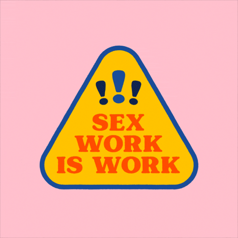 Text gif. Golden yellow triangle with three pulsing exclamation marks at the top flips intermittently on a light pink background. Text on each side completes a message that reads, "Sex work is work. Work should be safe."