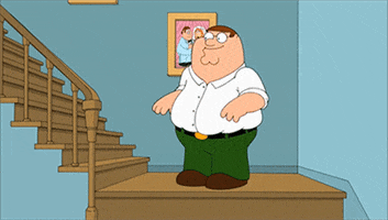 TV gif. Animated Peter Griffin of Family guy stands on a stair landing as he twists his neck and drops to the floor dead.  