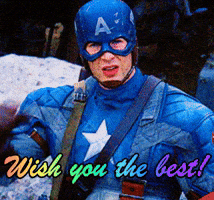 Disney gif. Chris Evans as Captain America looks at us with a tired expression. He flicks his hand off of his forehead to wave to us. Text, “Wish you the best!”