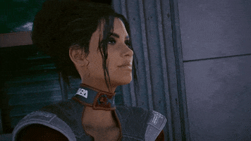 Video game gif. Panam in "Cyberpunk 2077" looks at us and smiles, tapping her temple knowingly.