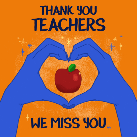 Pohyblivá animace s modrýma rukama s dlaněmi ve tvaru srdce, uprostřed nichž je jablko a nápis "thank you teachers, we miss you". 