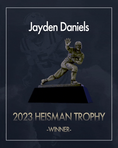 Digital illustration gif. Bronze statue of a football player striking the Heisman pose spins around in a circle. Text, "2022 Heisman Trophy Winner. Jayden Daniels."