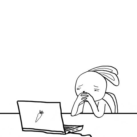Illustrated gif. A pen-and-ink cartoon rabbit sits with elbows on the table, hands in front of their mouth, staring at an open laptop with perturbed concern.