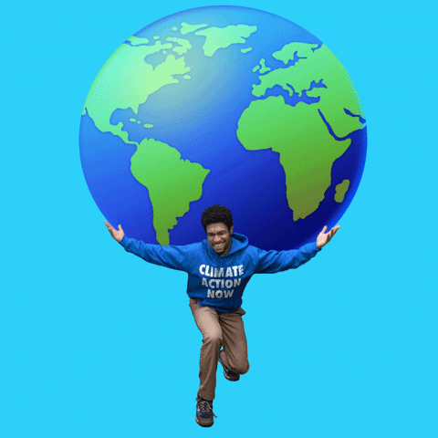 Digital art gif. Man wearing a blue "climate action now" sweatshirt struggles to balance a cartoon globe on his shoulders and back, tilting side to side as he attempts to keep the earth upright against a blue background.