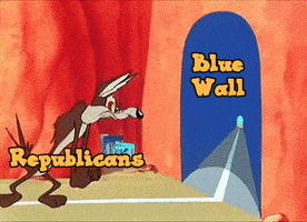 Cartoon gif. Wile E Coyote, labeled "Republicans," winds up and takes off, running full speed, smack, into the side of a mountain, thwarted by a life-size rendering of a long tunnel, labeled "blue wall."