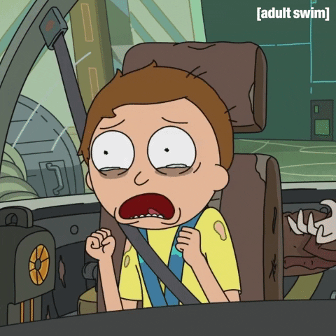 TV gif. Morty from Rick and Morty is sobbing in the passenger seat, very distraught. He's grabbing his face with his hands as tears stream down and he looks unconsolable.