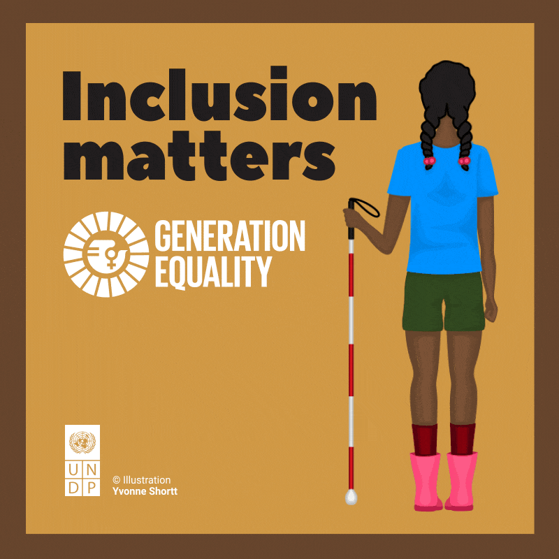 Inclusion matters. Generation Equality. En la imagen aparece una ilustración de una chica con bastón rojo y blanco donde se identifica a personas con sordo-ceguera