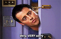 Friends gif. Matt LeBlanc as Joey sticks his head between the latched purple door and its frame, and speaks with a menacing, bug-eyed expression. Text, "Very, very sorry," with emphasis.