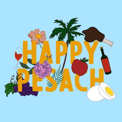 Illustrated gif. Fruit, wine, boiled eggs, sprouting flora, and a leg of lamb intertwine with text against a sky blue background. Text, "Happy Pesach."