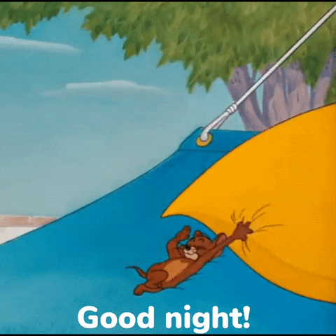Cartoon gif. Jerry the mouse from Tom and Jerry lies sleepily on a hammock as he reaches up and happily pulls an enormous pillow under his head. 