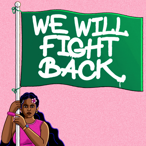 Digital art gif. Somber woman with long billowing hair holds a waving green flag against a pink background. The flag reads, “We will fight back.”