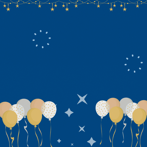 Text gif. Against a dark blue background decorated with gold balloons, starry lights and sparkles, text reads, "A new year is like a blank book, it has 12 chapters and 365 pages, and you are the author. Our wish for you is that this year, you write the most beautiful story possible. 2024."