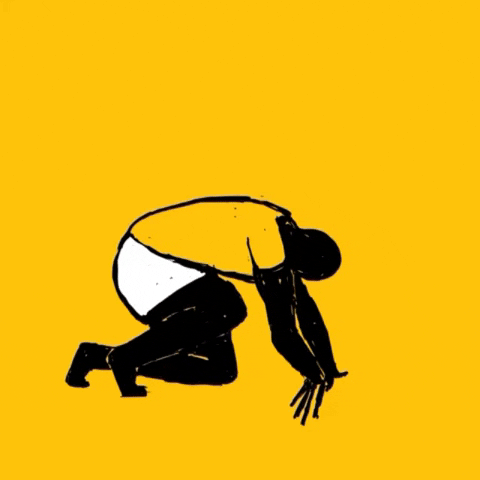 Illustrated gif. Sketchy style figure in white shorts and a yellow shirt against a yellow background crouching and then arching back up in the runners starting pose.