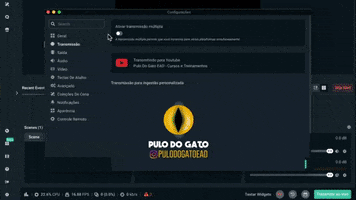 Video gif. Online tutorial in Portuguese by Pulo Do Gato shows how to activate settings on Streamlabs in order to connect your Facebook account.