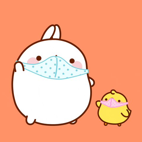 Kawaii. Molang the white bunny and Pui Pui the yellow chick wear face masks over their mouths. They look at us and wave. Molang winks. 
