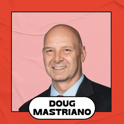 Photo gif. Make America Great Again hat adheres to a smiling photo of Doug Mastriano framed in pink against an orange background. A stamp appears next to him that reads, “Is a Trump Republican.”