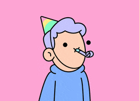 Digital illustration gif. Man wearing a pastel rainbow party hat smiles and blows a party blower as confetti bursts up all around him. As it falls, the background changes to a bubblegum pink. 