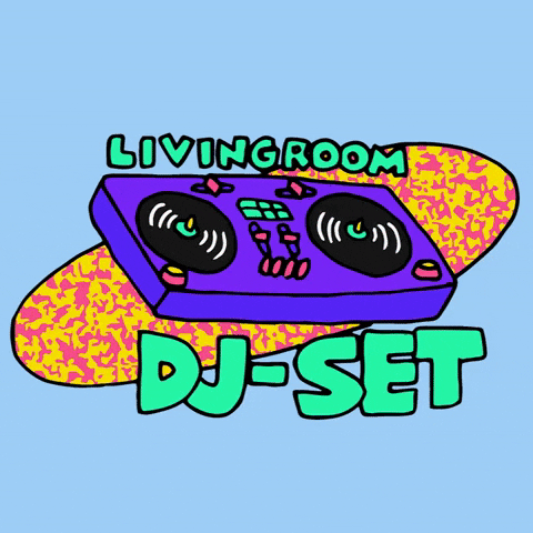 Illustrated gif. Switches shift on a purple double turntable console on top of a pink and yellow oval-shaped backdrop. Text, "Living room DJ-set."