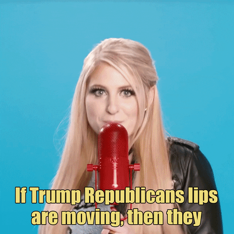 Music video gif. Meghan Trainor in front of a neon blue background and red microphone from her Lips Are Movin video, jump-cutting closer and closer in on her singing lips. Text, "If Trump Republicans lips are moving then they, lie, lie, lie."