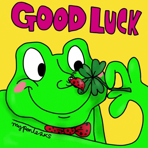 Illustrated gif. A frog holds a four-leaf clover up to its nose and a ladybug dances on it. Text, 