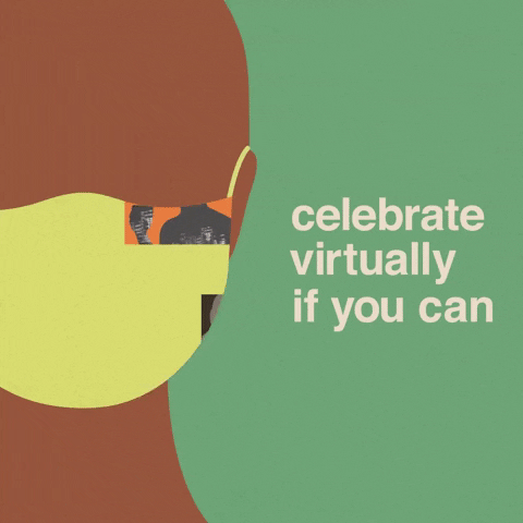 Digital art gif. A faceless human wears a yellow mask with various videos of people and animals on it. On a green background text reads, "celebrate virtually if you can."